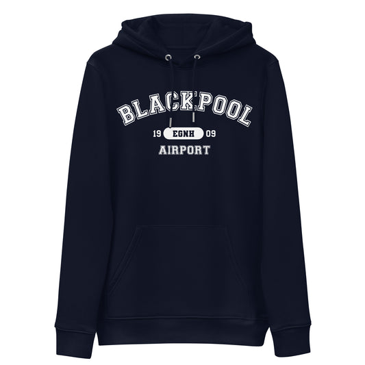 Navy blue Blackpool Airport collegiate heavyweight hoodie features a classic collegiate style print with the airport's name, ICAO code and date of construction on the front.