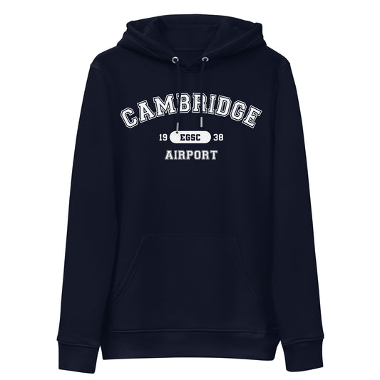 Navy blue Cambridge Airport collegiate heavyweight hoodie features a classic collegiate style print with the airport's name, ICAO code and date of construction on the front.