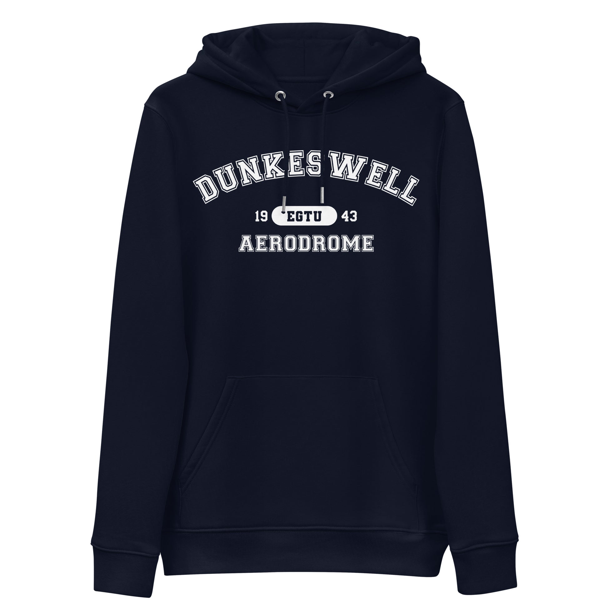 Navy blue Dunkeswell Aerodrome collegiate heavyweight hoodie features a classic collegiate style print with the airport's name, ICAO code and date of construction on the front.