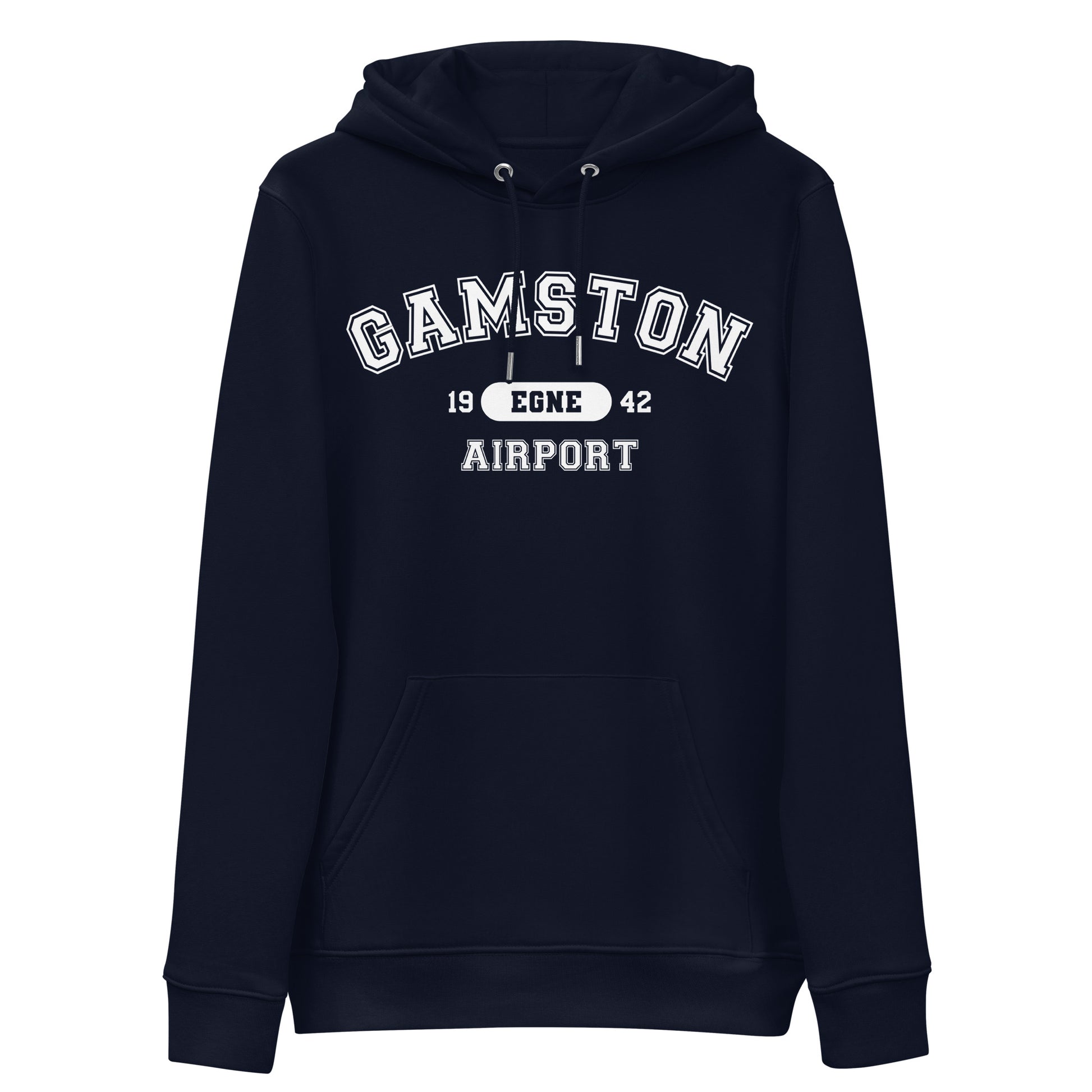 Navy blue Gamston Airport collegiate heavyweight hoodie features a classic collegiate style print with the airport's name, ICAO code and date of construction on the front.
