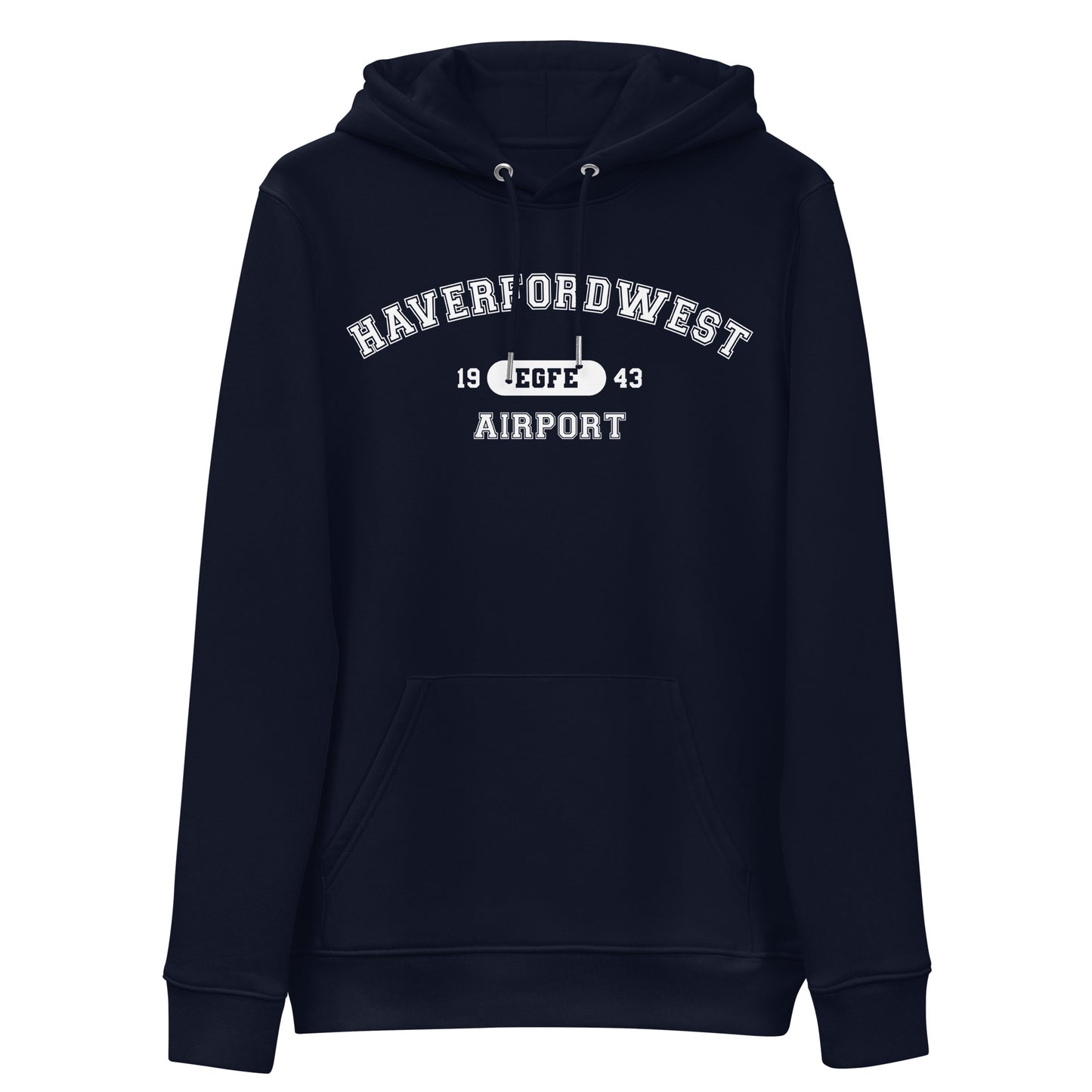 Navy blue Haverfordwest Airport collegiate heavyweight hoodie features a classic collegiate style print with the airport's name, ICAO code and date of construction on the front.