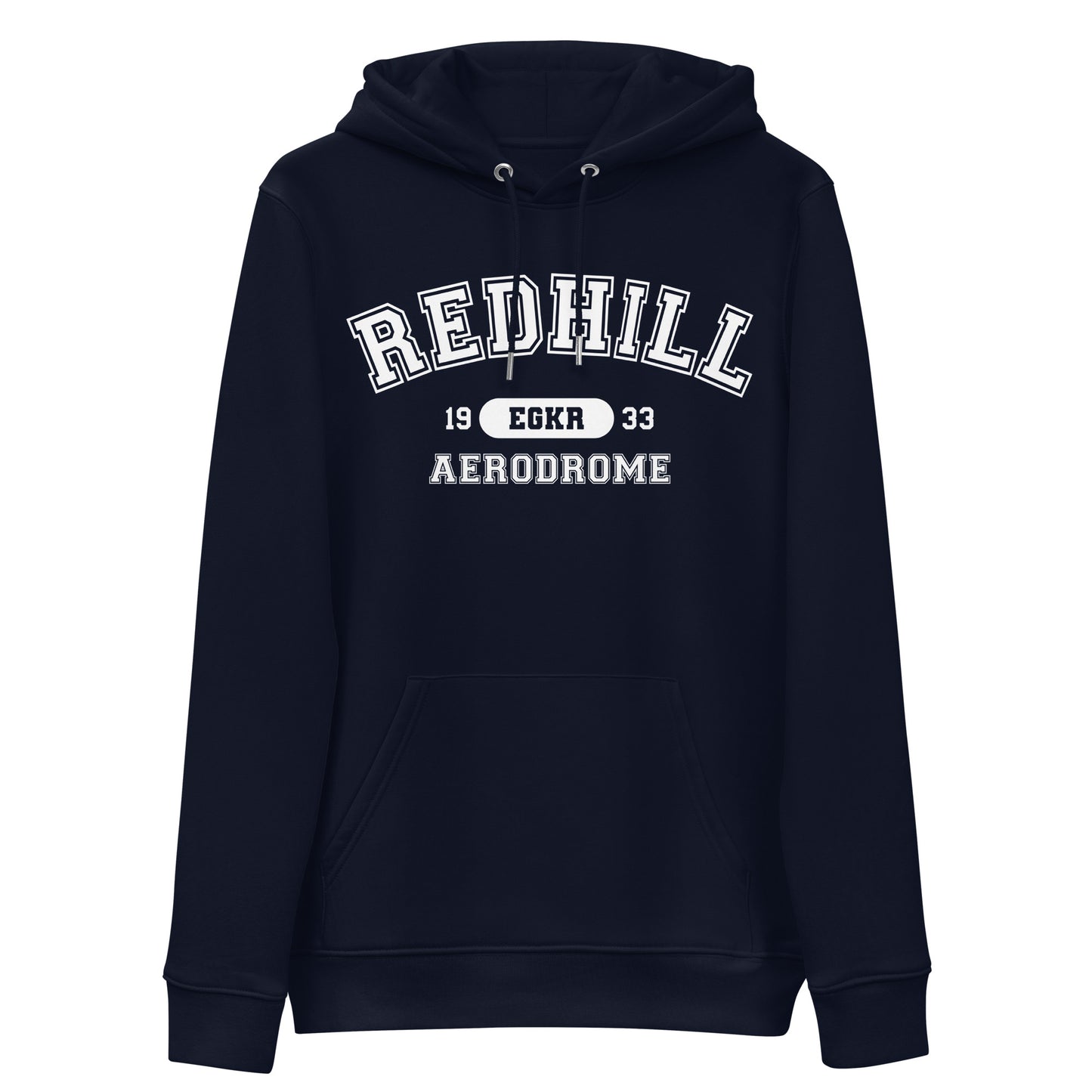 Redhill Aerodrome with ICAO code in collegiate style. Unisex essential eco hoodie.