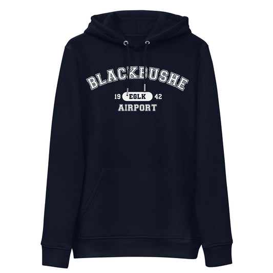 Navy blue Blackbushe Airport collegiate heavyweight hoodie features a classic collegiate style print with the airport's name, ICAO code and date of construction on the front.