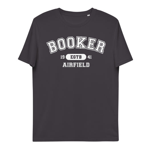 Booker Airfield with ICAO code in collegiate style. Unisex organic cotton t-shirt.