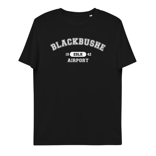 Blackbushe Airport with ICAO code in collegiate style. Unisex organic cotton t-shirt.