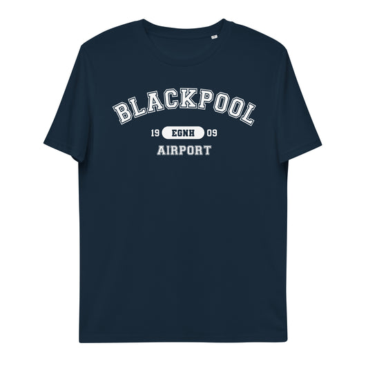 Blackpool Airport with ICAO code in collegiate style. Unisex organic cotton t-shirt.