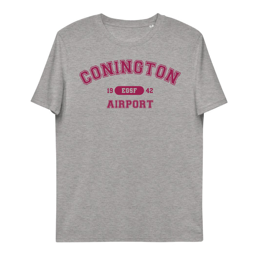 Conington Airport with ICAO code in collegiate style. Unisex organic cotton t-shirt.
