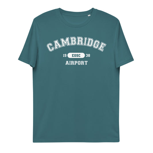 Cambridge Airport with ICAO code in collegiate style. Unisex organic cotton t-shirt.