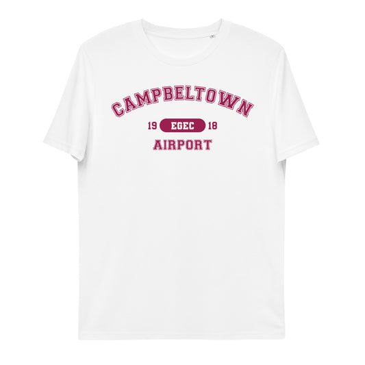 Campbeltown Airport with ICAO code in collegiate style. Unisex organic cotton t-shirt.