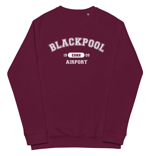 The burgundy Blackpool Airport Collegiate raglan sweatshirt has a classic collegiate style print of the airport's name, ICAO code and date of construction on the front.