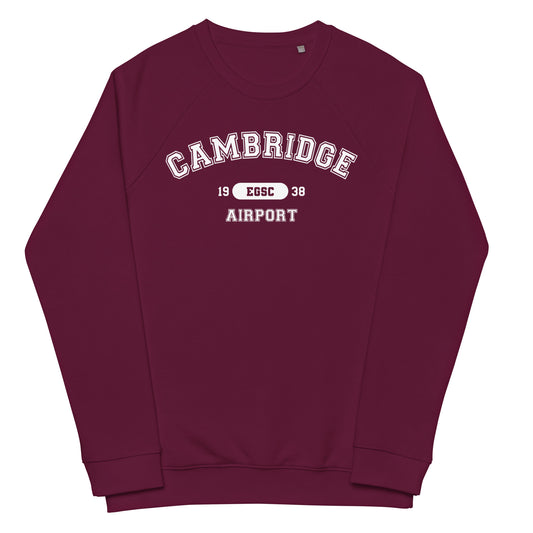 The Cambridge Airport Collegiate raglan sweatshirt has a classic collegiate style print of the airport's name, ICAO code and date of construction on the front.