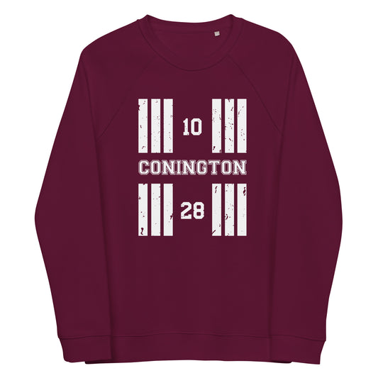 Burgundy coloured Conington Airport runway designator raglan sweatshirt featuring a print with the airport's name and designator framed by stylised distressed threshold markings.