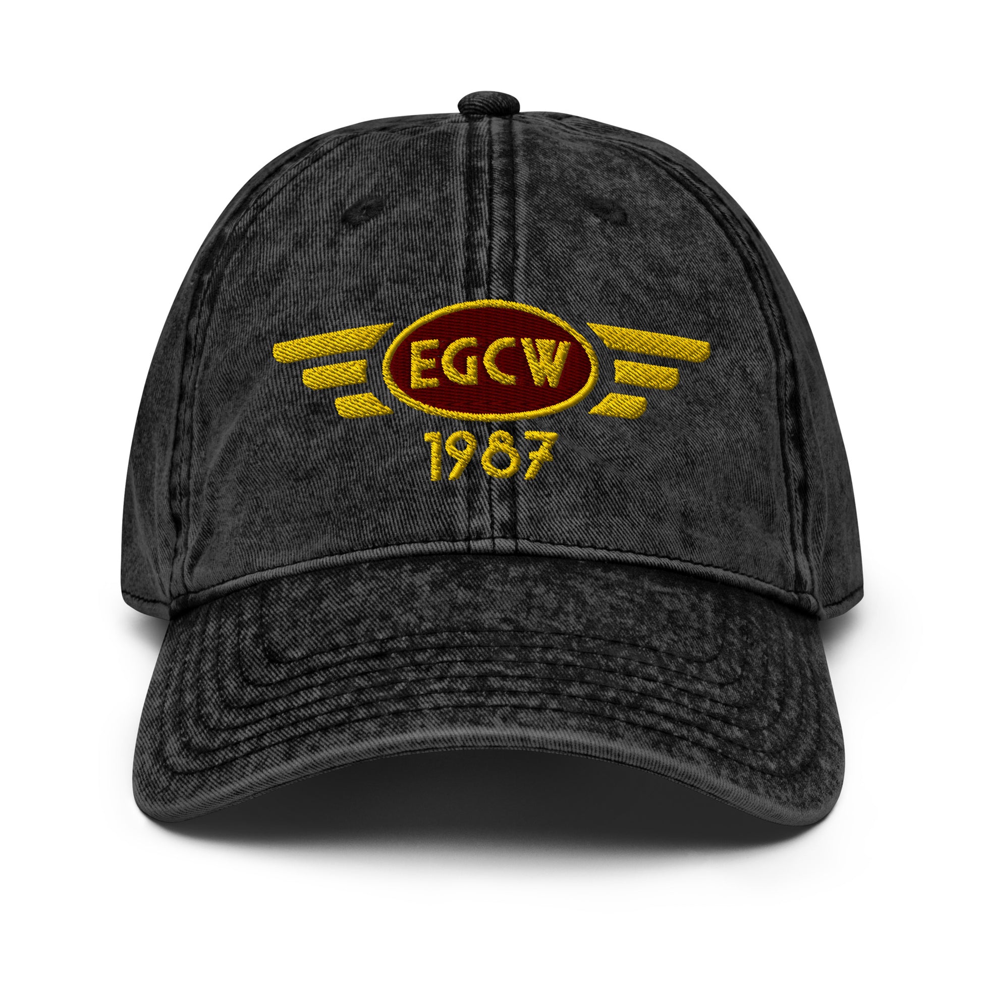 Black cotton twill baseball cap with embroidered vintage style aviation logo for Welshpool Airport.