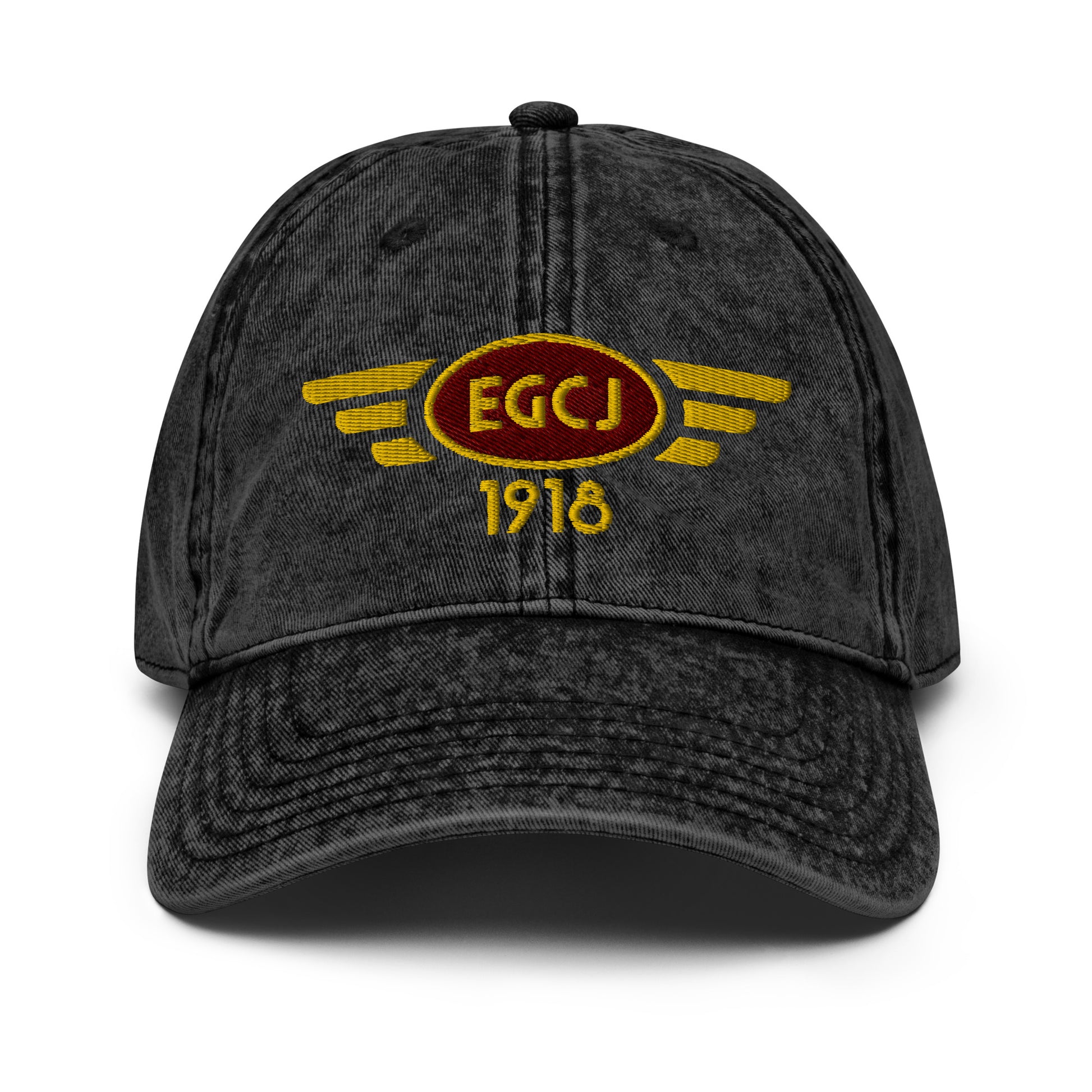 Black cotton twill baseball cap with embroidered vintage style aviation logo for Sherburn Airfield.