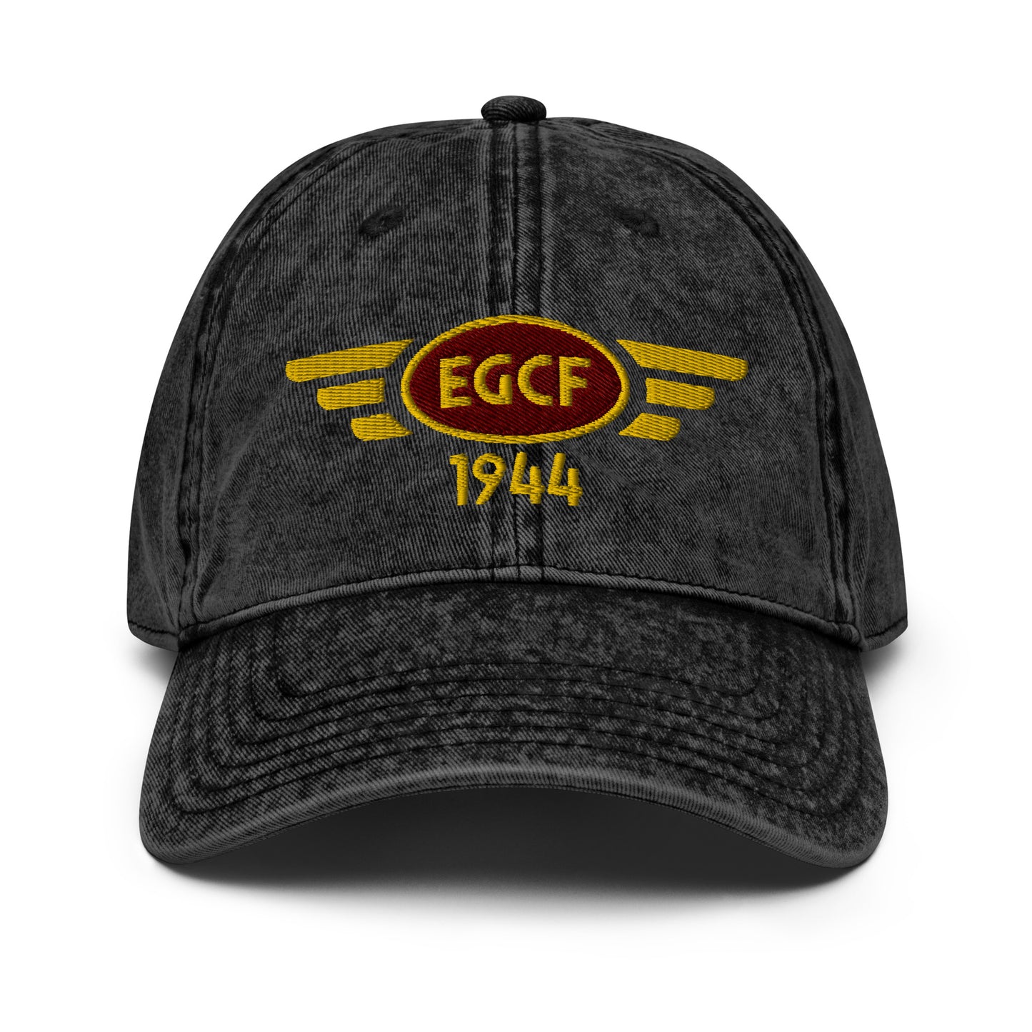 Black cotton twill baseball cap with embroidered vintage style aviation logo for Sandtoft Airfield.