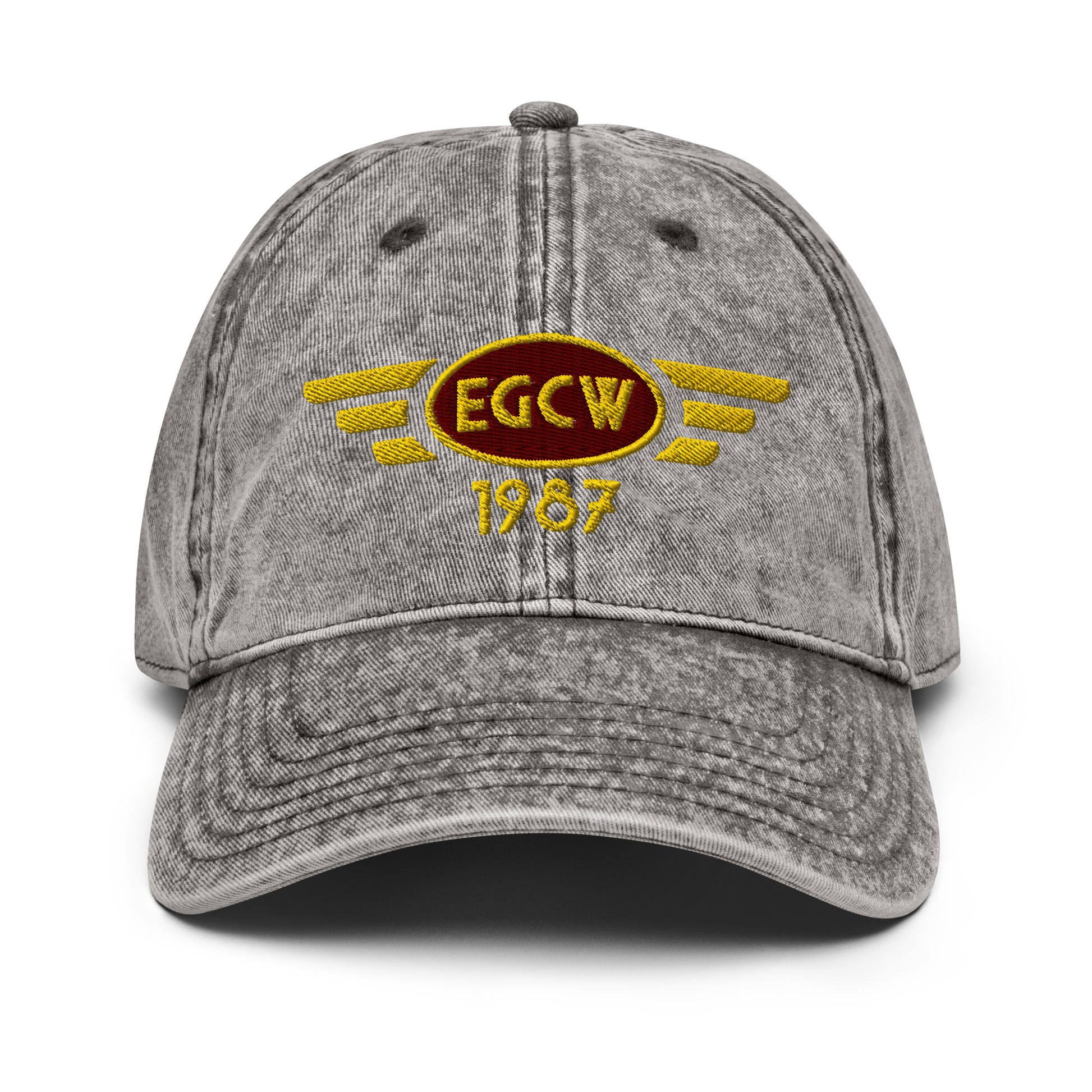 Charcoal gray coloured cotton twill baseball cap with embroidered vintage style aviation logo for Welshpool Airport.