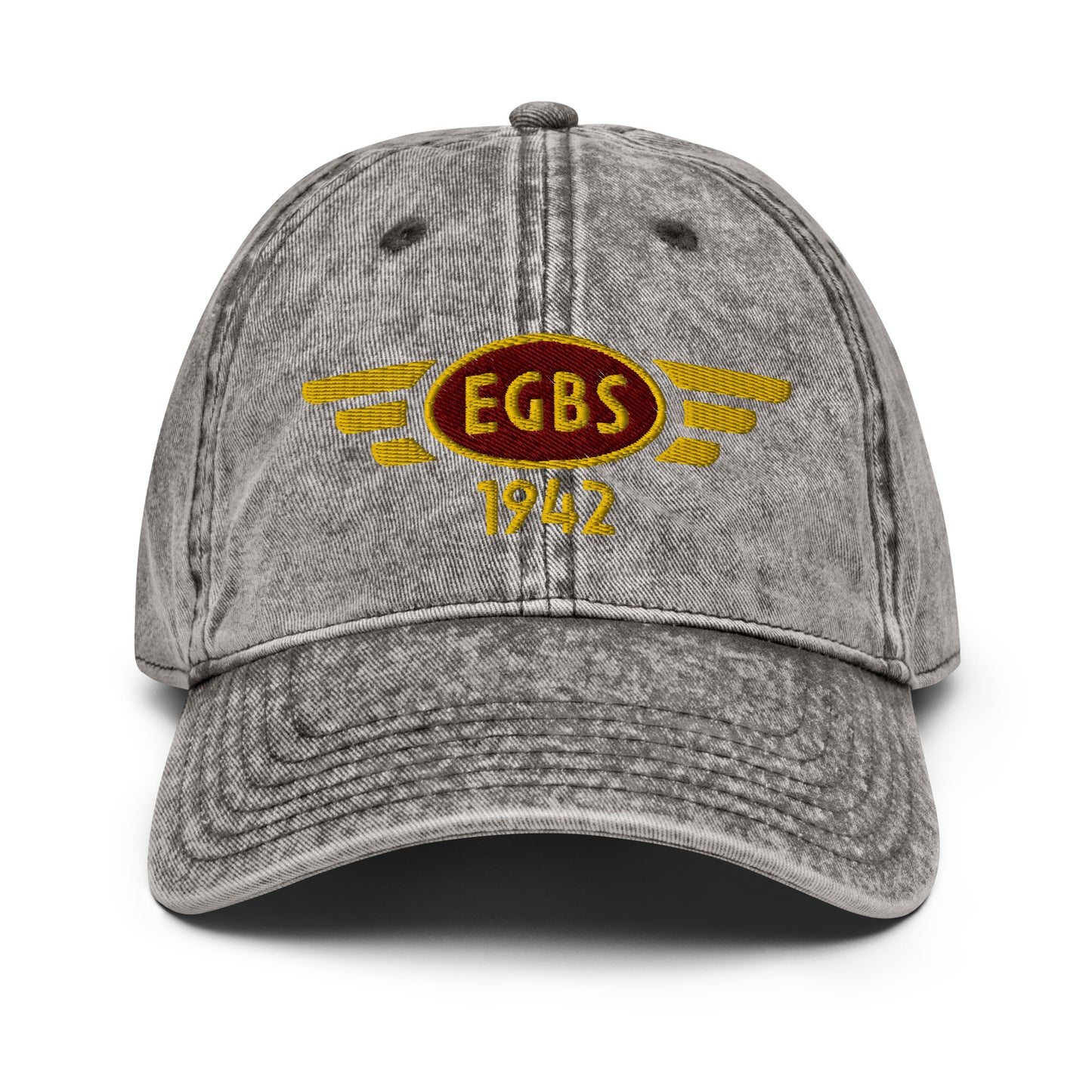 Charcoal gray coloured cotton twill baseball cap with embroidered vintage style aviation logo for Shobdon Aerodrome.