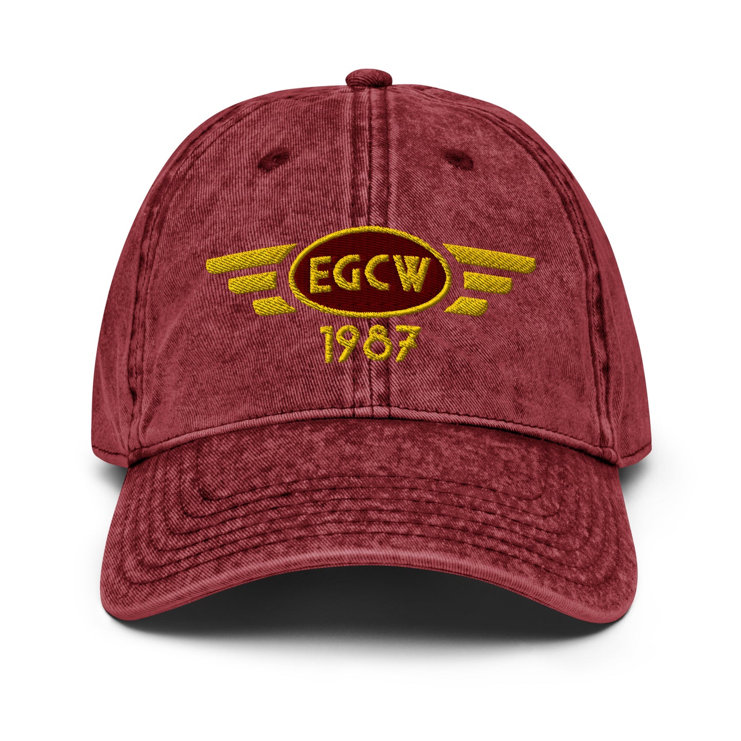 Burgundy coloured cotton twill baseball cap with embroidered vintage style aviation logo for Welshpool Airport.