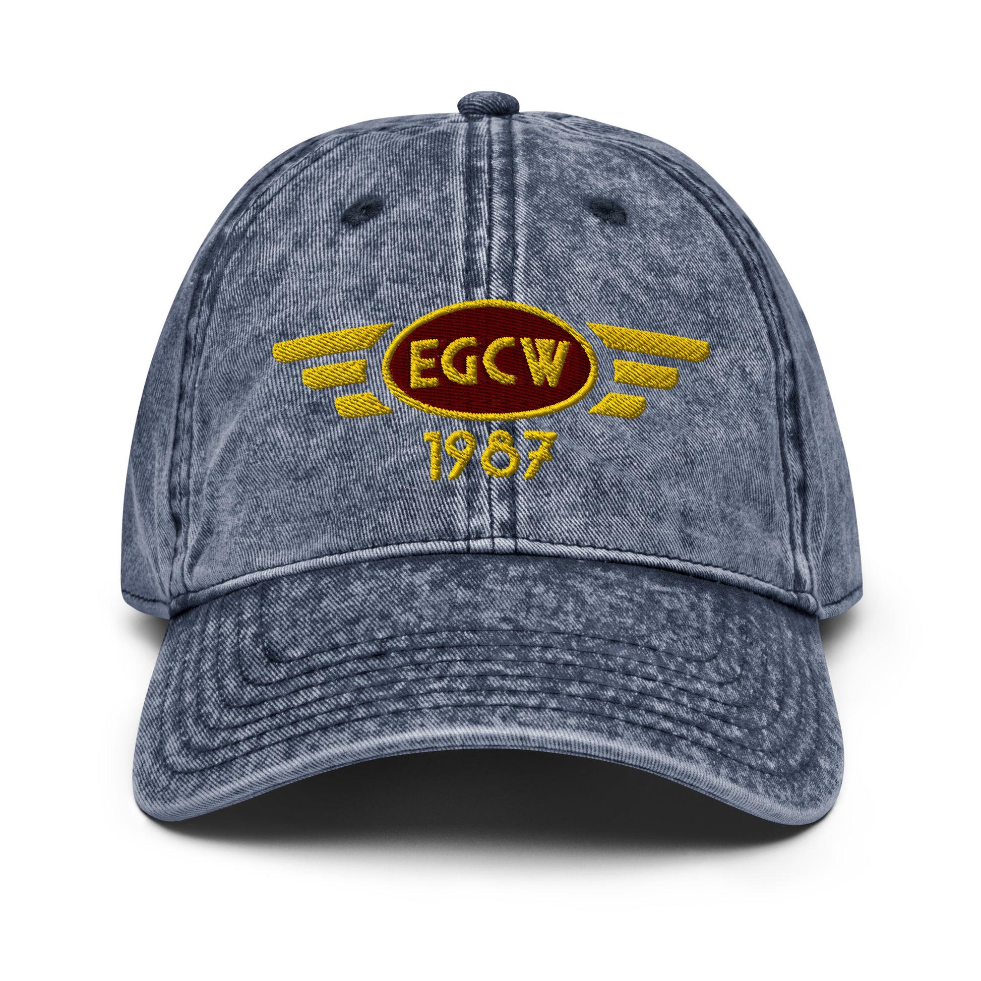 Blue cotton twill baseball cap with embroidered vintage style aviation logo for Welshpool Airport.