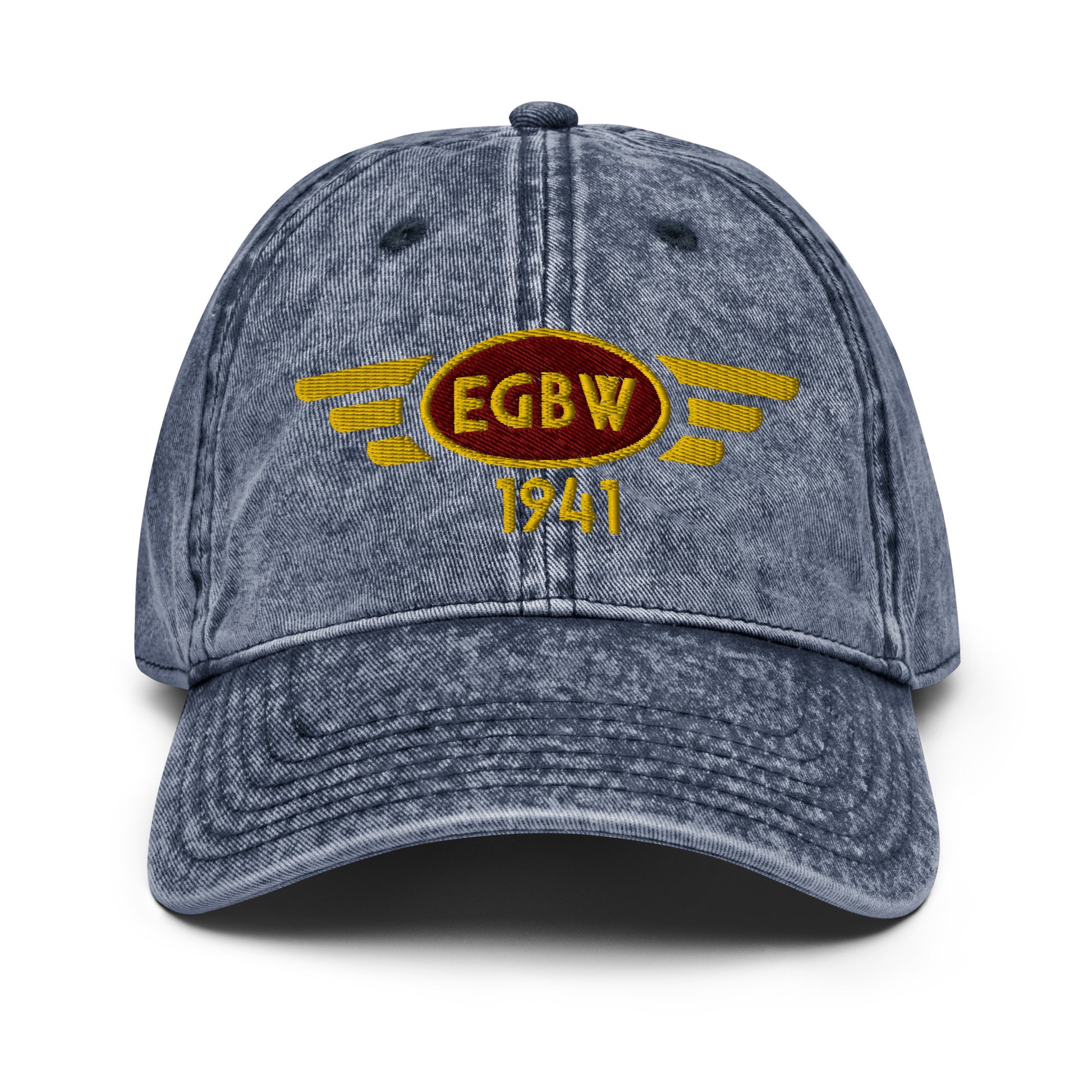 Blue cotton twill baseball cap with embroidered vintage style aviation logo for Wellsbourne Airfield.