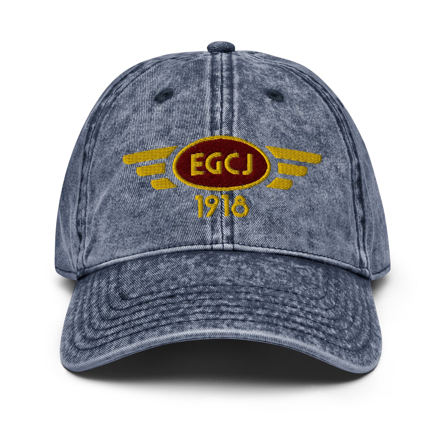 Blue cotton twill baseball cap with embroidered vintage style aviation logo for Sherburn Airfield.