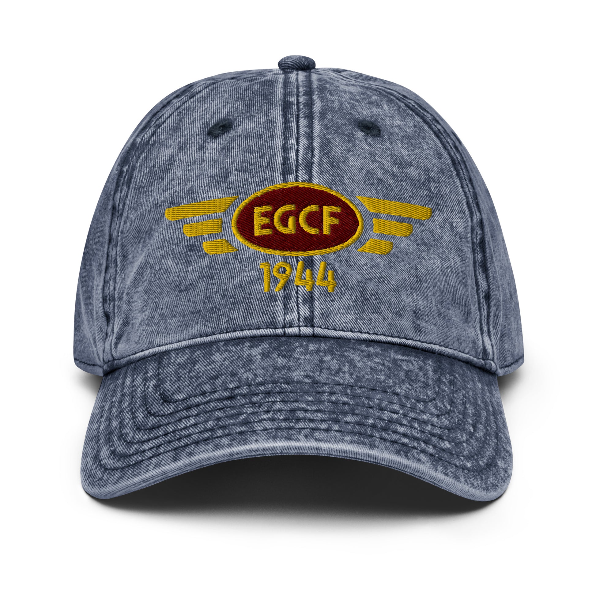 Blue cotton twill baseball cap with embroidered vintage style aviation logo for Sandtoft Airfield.