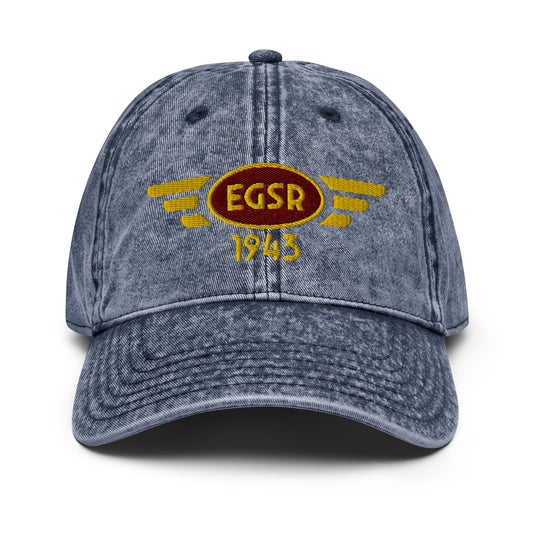 Blue cotton twill baseball cap with embroidered vintage style aviation logo for Earls Colne Airfield.