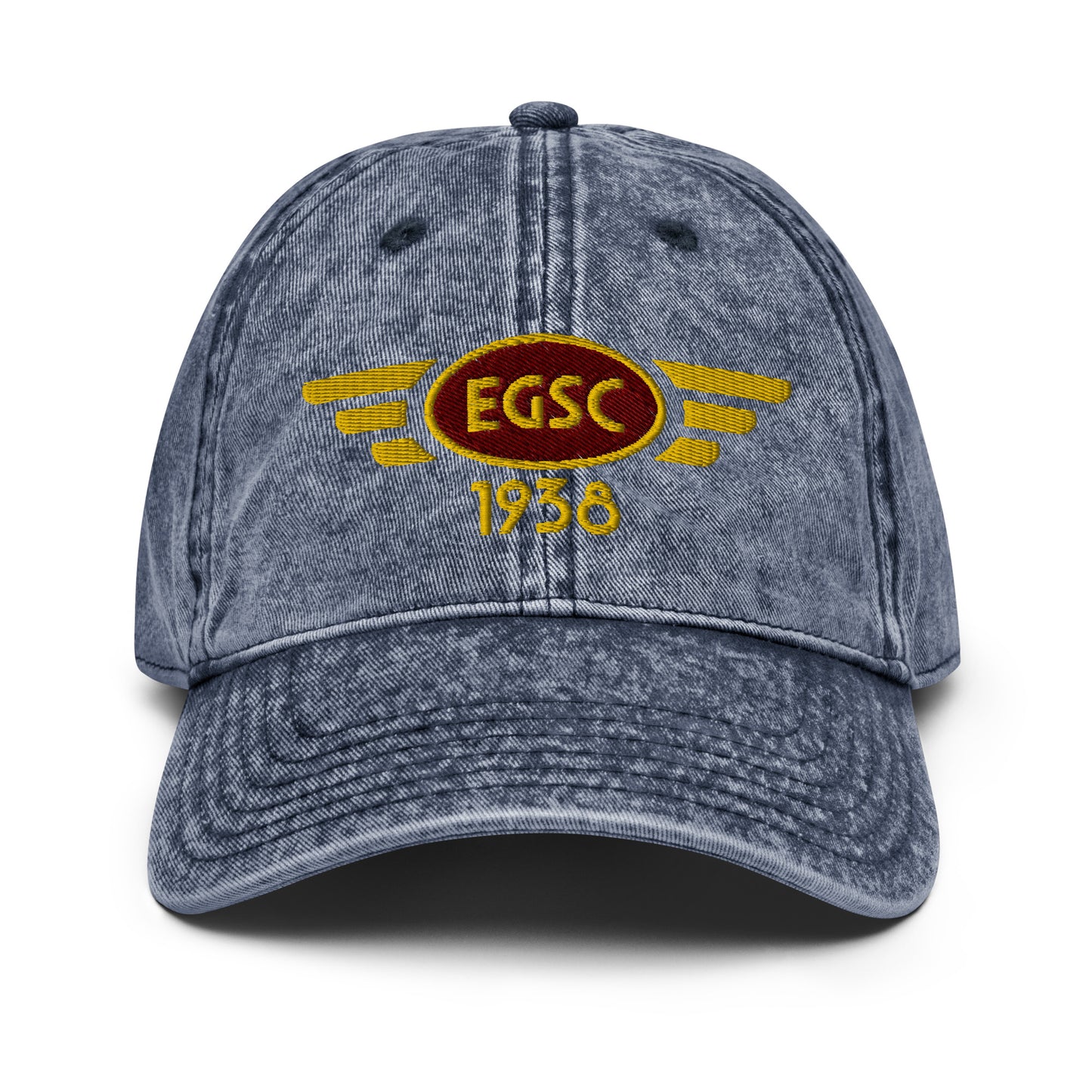 Blue cotton twill baseball cap with embroidered vintage style aviation logo for Cambridge Airport.