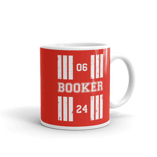 The Booker Airfield 11oz runway designator mug features a red print with the airport's name and designator numbers framed by stylised threshold markings showing through.