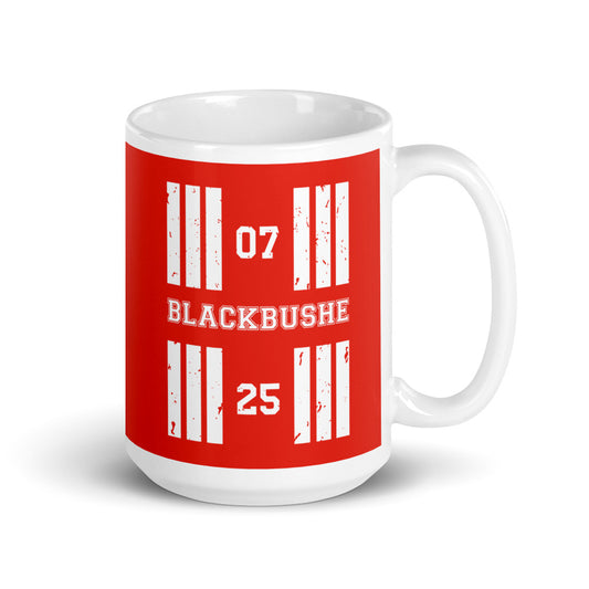 Blackbushe Airport 15oz runway designator mug features a red print with the airport's name and designator numbers framed by stylised threshold markings showing through.