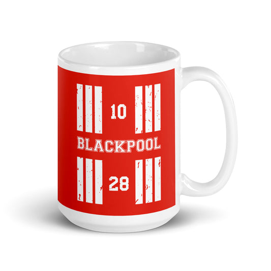 Blackpool Airport 15oz runway designator mug features a red print with the airport's name and designator numbers framed by stylised threshold markings showing through.